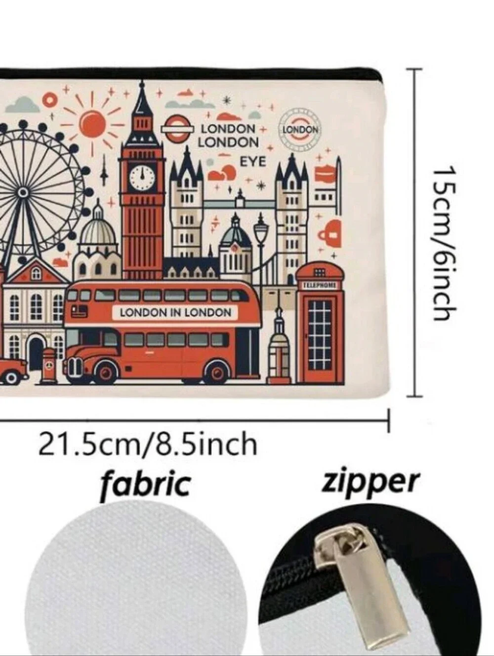 London Skyline Pouch Cream Red Summer Vacation Travel Zipper Pouch Purse